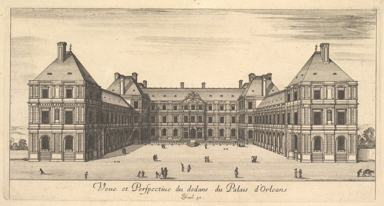 Udsigt og perspektiv på indersiden af Palais dOrleans, fra Forskellige udsigter over rema..., 1649-51. af Stefano della Bella