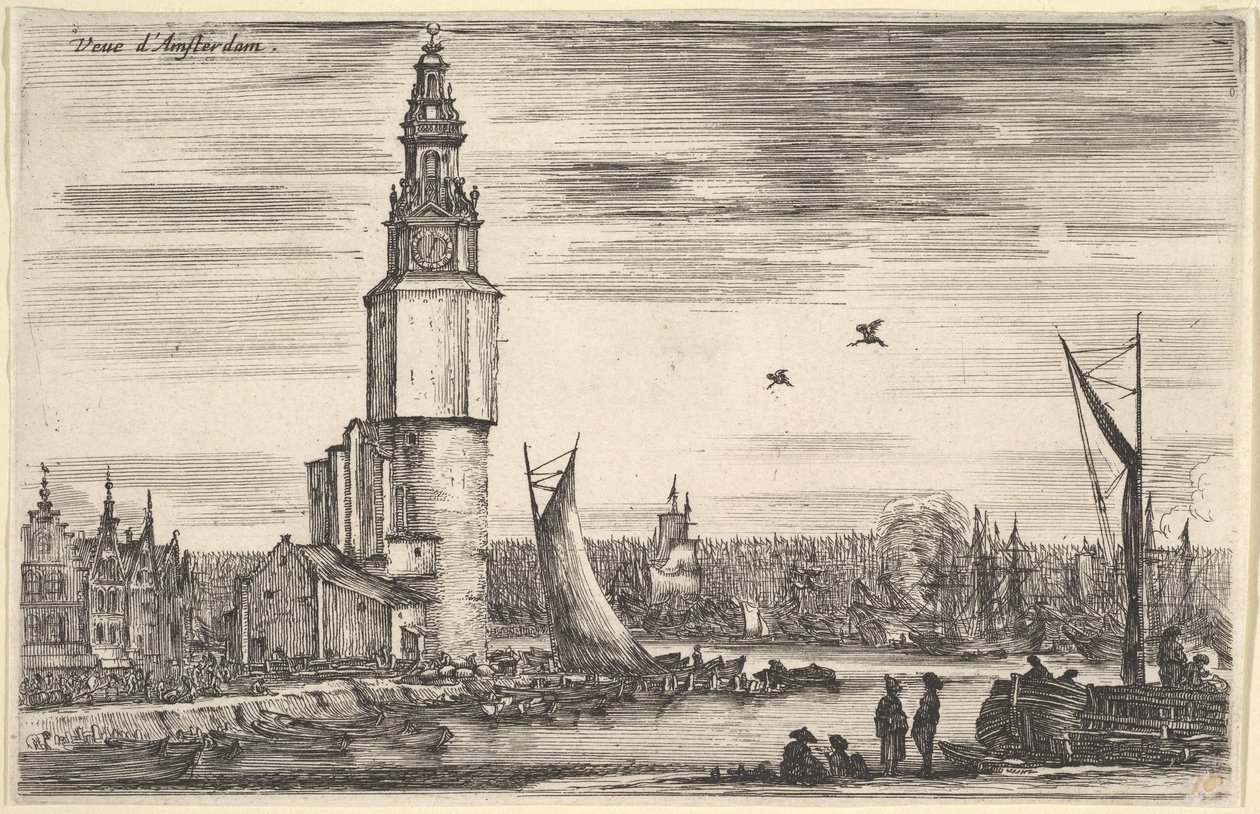 Udsigt over Amsterdam Vue dAmsterdam, et tårn og huse til venstre, mænd stående på molen ..., 1647. af Stefano della Bella