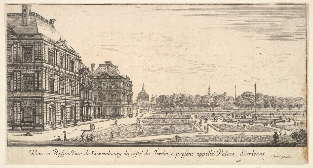 Udsigt over Luxembourg fra havesiden af Palais dOrleans, fra Forskellige udsigter over..., 1649-51. af Stefano della Bella