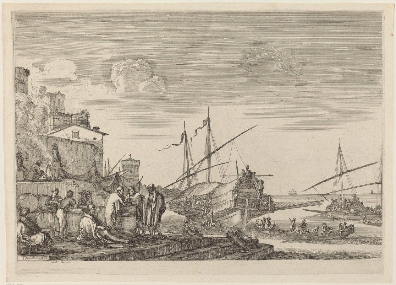Udsigt over flere huse ud mod havnen af Stefano della Bella