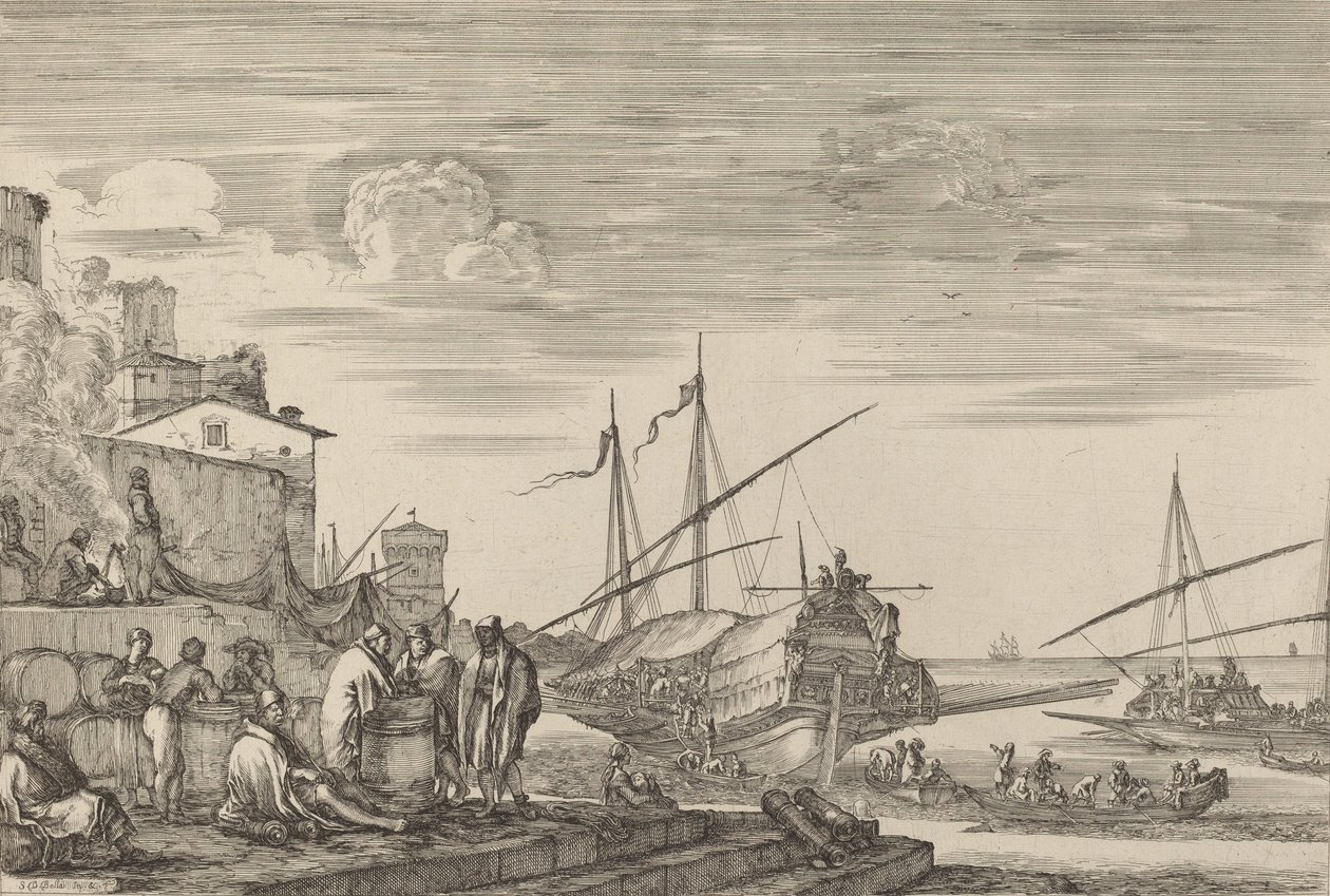Udsigt over flere huse ud mod havnen, sandsynligvis ca. 16541655. af Stefano della Bella