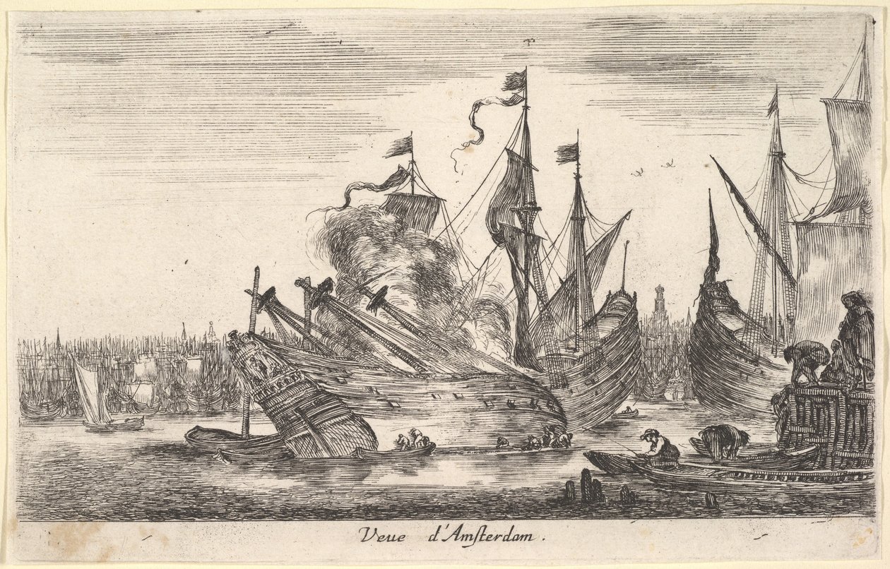 Udsigt over Amsterdam-havnen Veue dAmsterdam, mænd i robåde arbejder på et skib i centrum..., 1647. af Stefano della Bella
