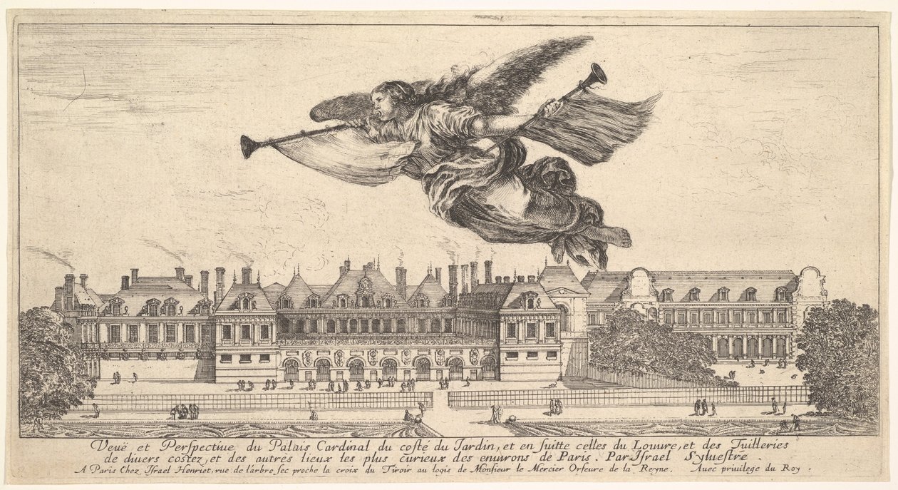 Udsigt over Palais Cardinal, berømmelsesfiguren øverst i midten, der flyver mod venstre a..., 1649-51. af Stefano della Bella
