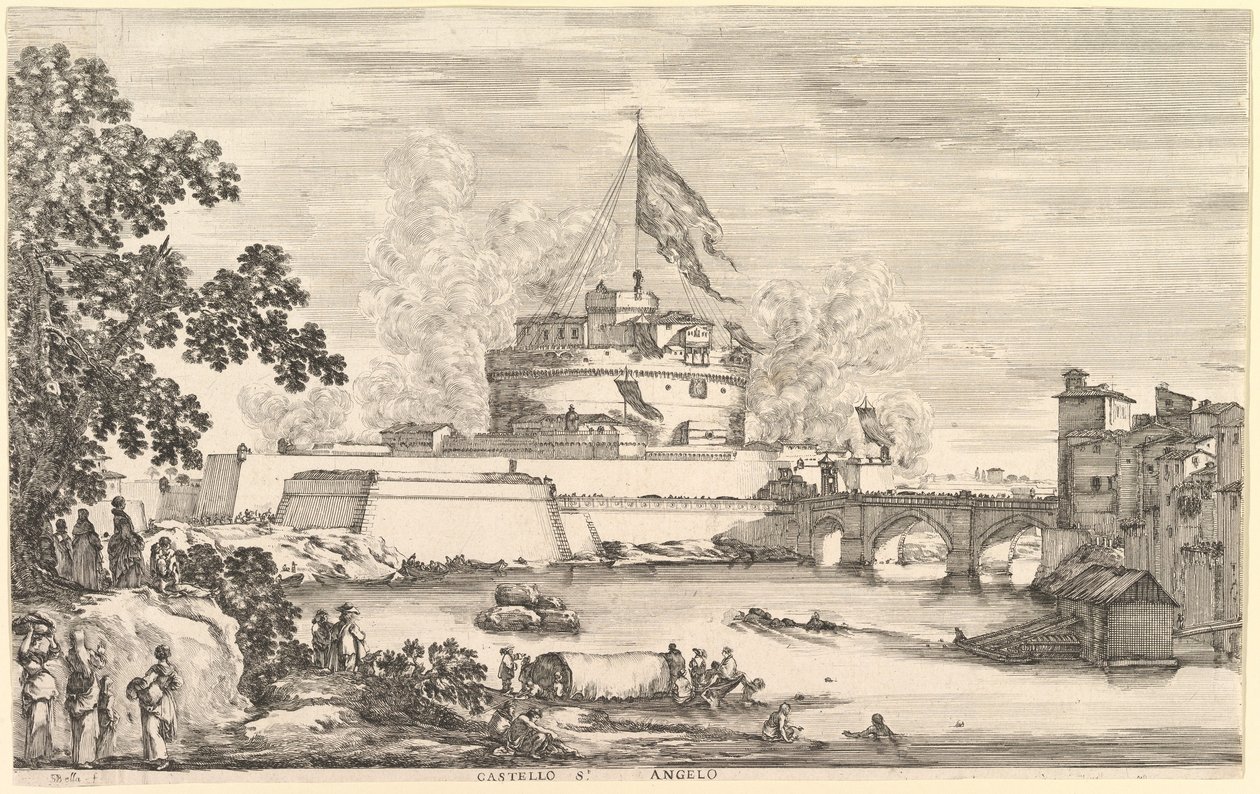 Udsigt over Tiber-floden, et stort træ til venstre, to grupper af kvinder til venstre i forgrunden..., ca. 1656. af Stefano della Bella