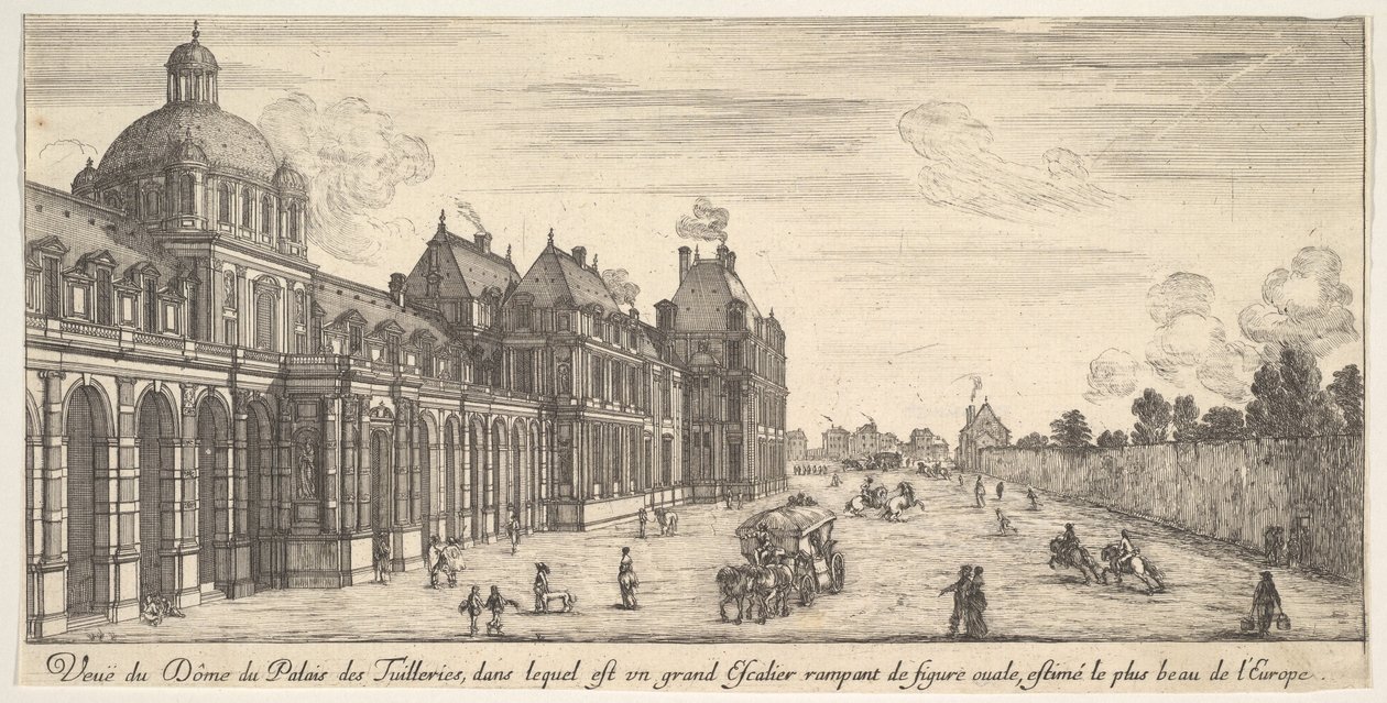 Udsigt over kuplen af Tuilleriernes Palads, fra Forskellige udsigter over bemærkelsesværdige pla..., 1649-51. af Stefano della Bella