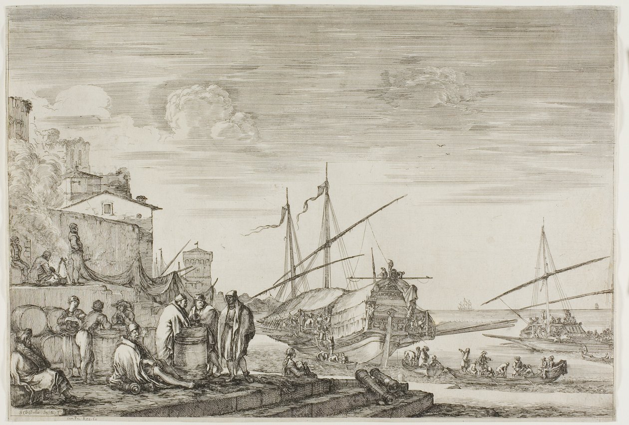 Udsigt over havnen i Livorno: Huse med udsigt over en havn af Stefano della Bella