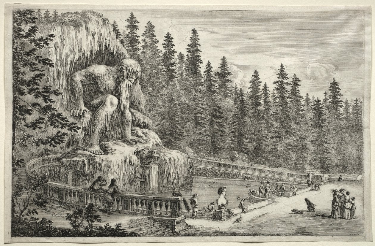 Udsigt over Villa Pratolino: Kolossal statue af Appenninerne. af Stefano della Bella