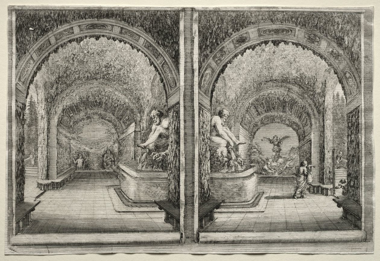 Udsigt over villaen Pratolino: To udsigter over grotten. af Stefano della Bella