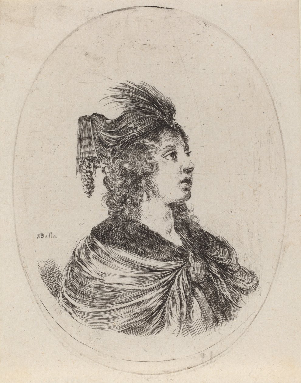 Kvinde i fjerbeklædt turban, drejet til højre, 16491650. af Stefano della Bella