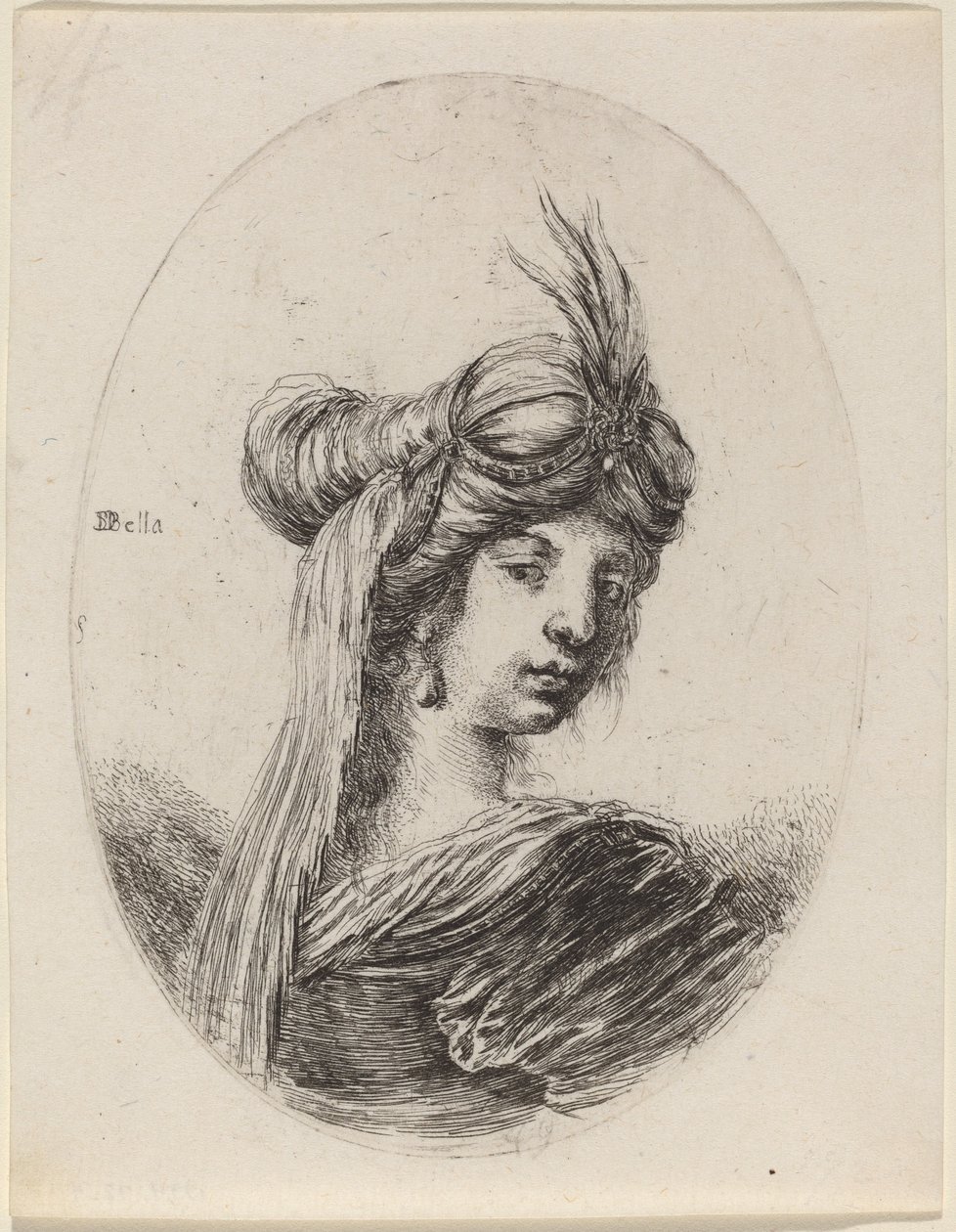 Kvinde i fjerbeklædt turban med slør, drejet til højre, 16491650. af Stefano della Bella