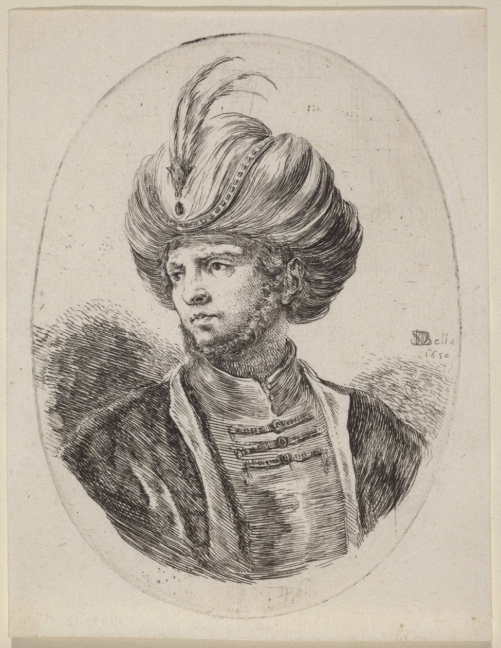 Ung maurer med et let skæg og fjerprydet turban, vendt mod venstre af Stefano della Bella