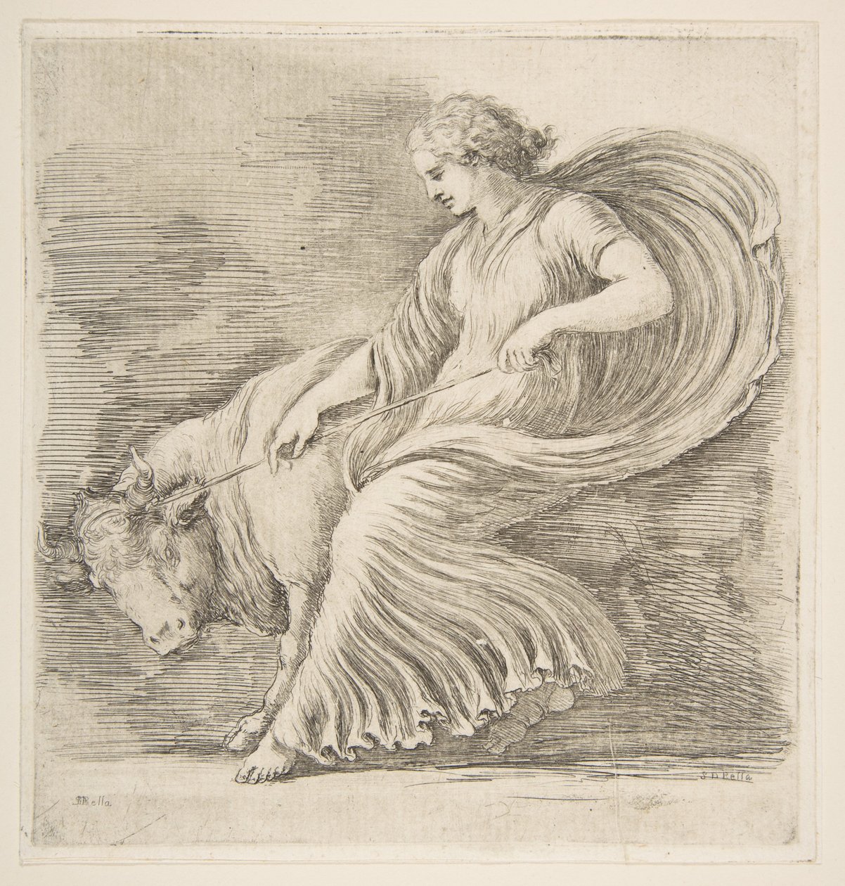 Ung kvinde forsøger at stoppe en tyr, ca. 1660. af Stefano della Bella