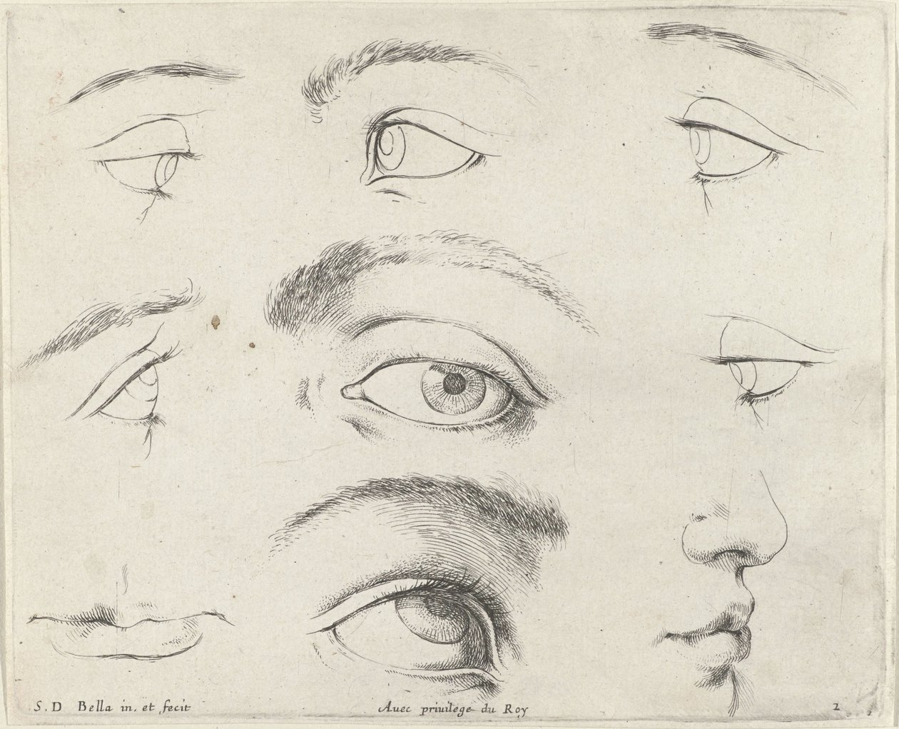 Syv øjne, to munde og en næse Grundlæggende om tegning (serietitel) I principii del disegno (serietitel) af Stefano della Bella