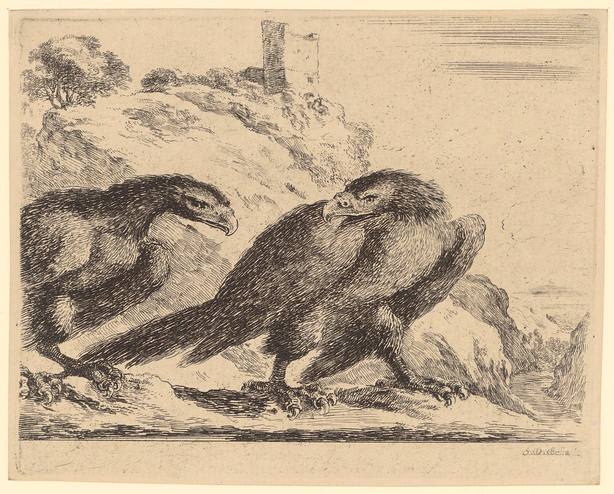 To ørne ved en borgruin, blad 2 i serien «Ørne» af Stefano della Bella
