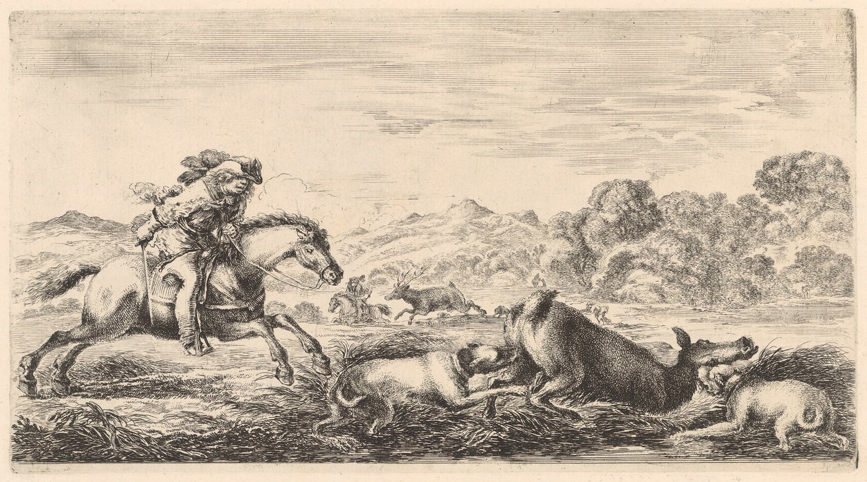 To hunde får en hjorteko til at falde om af Stefano della Bella