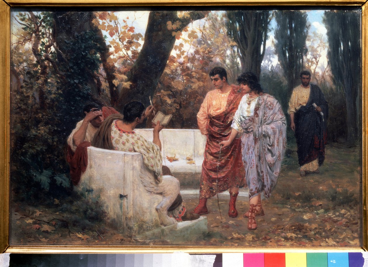 Den romerske digter Catullus (87-54 f.Kr.) læser sit digt (den romerske digter Catullus læser sit digt). Maleri af Stepan Vladislavovich Bakalovich (1857-1947). Olie på lærred, 26,8 x 39 cm af Stepan Vladislavovich Bakalovich