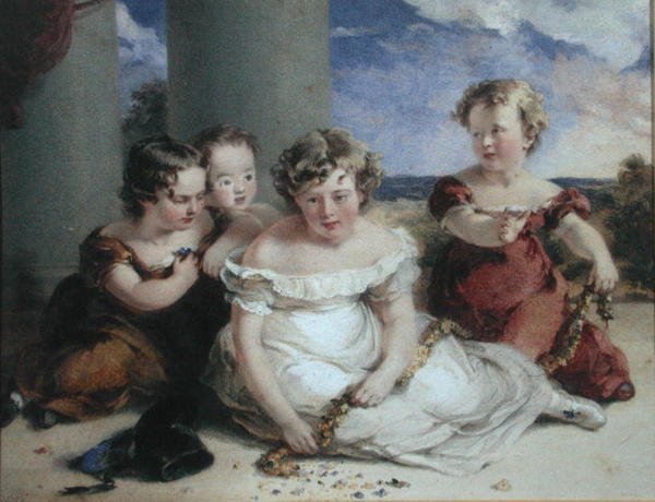 Børn laver en krans (akvarel på papir) af Stephan Poyntz Denning