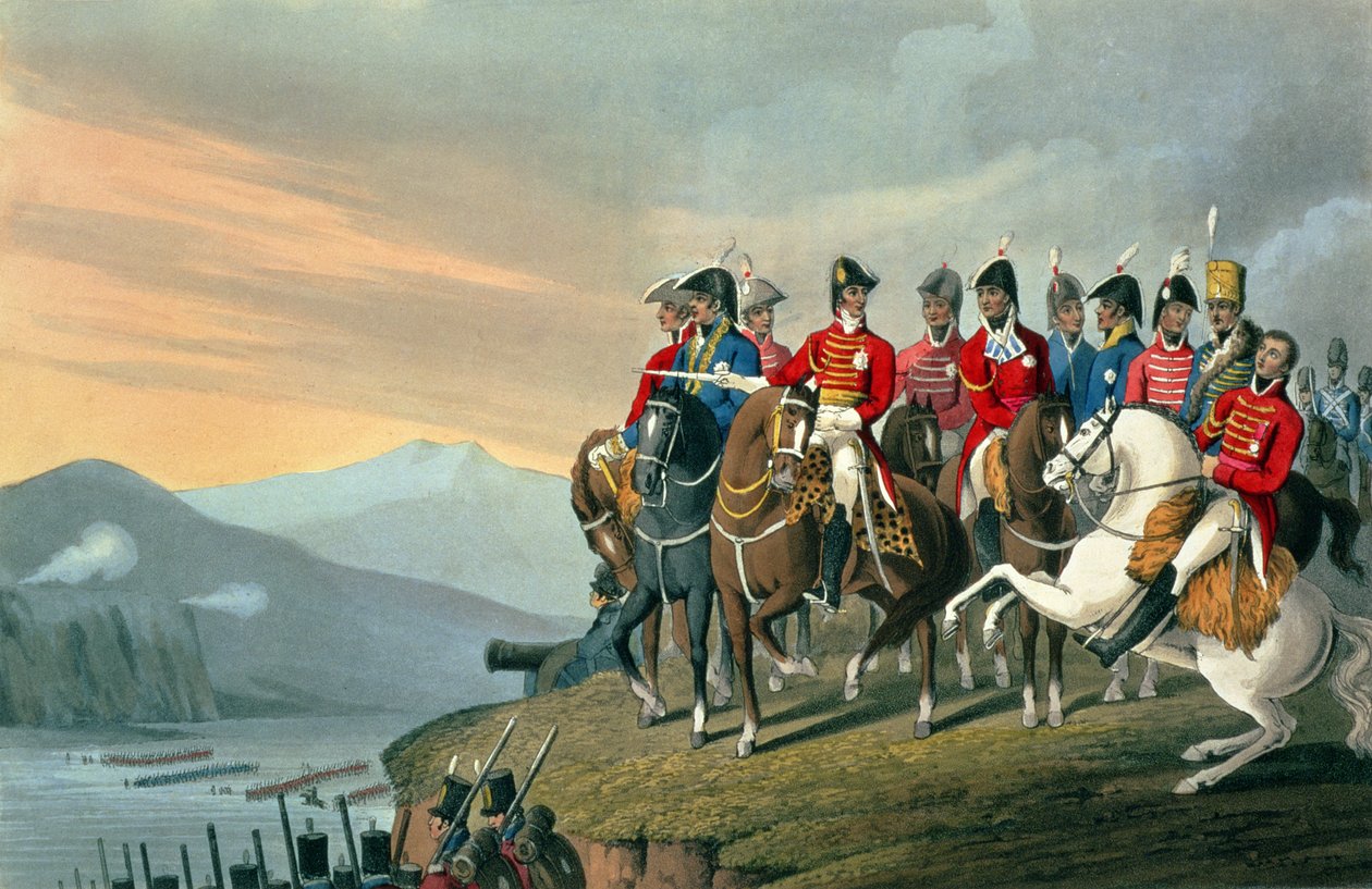 The Duke of Wellington and his Staff Crossing the Bidassoa and Entering France, 1813, indgraveret af Matthew Dubourg (fl.1813-20) fra Historic, Military and Naval Anecdotes, pub. af Edward Orme (1774-c. af Hyacinthe Francois Rigaud