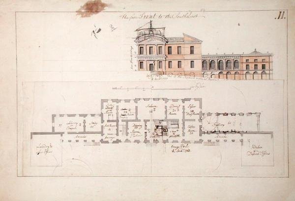 Grundplan og opstalt til en villa, 1763 (grafit, pen og brun blæk og vask på papir) af Stephen Riou
