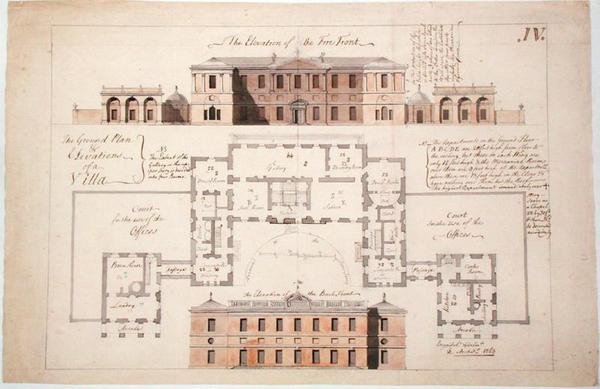 Grundplan og forhøjninger til en stor villa, 1770 (grafit, pen og blæk og vask på papir) af Stephen Riou