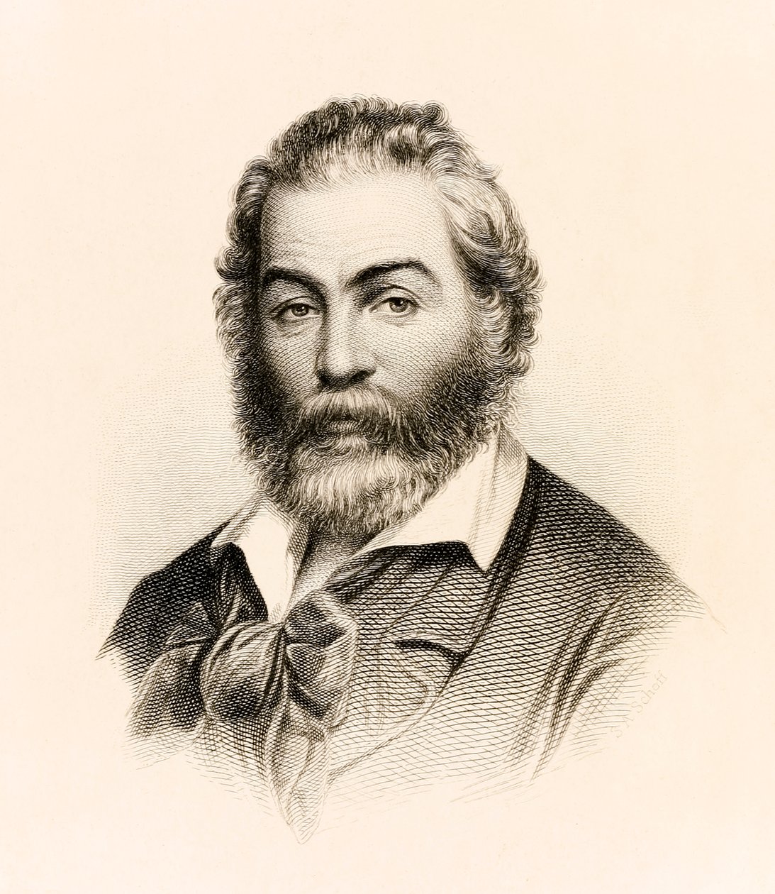 Frontispice fra en 1860-udgave af "Leaves of Grass", en digtsamling af den amerikanske digter Walt Whitman af Stephen Alonzo Schoff