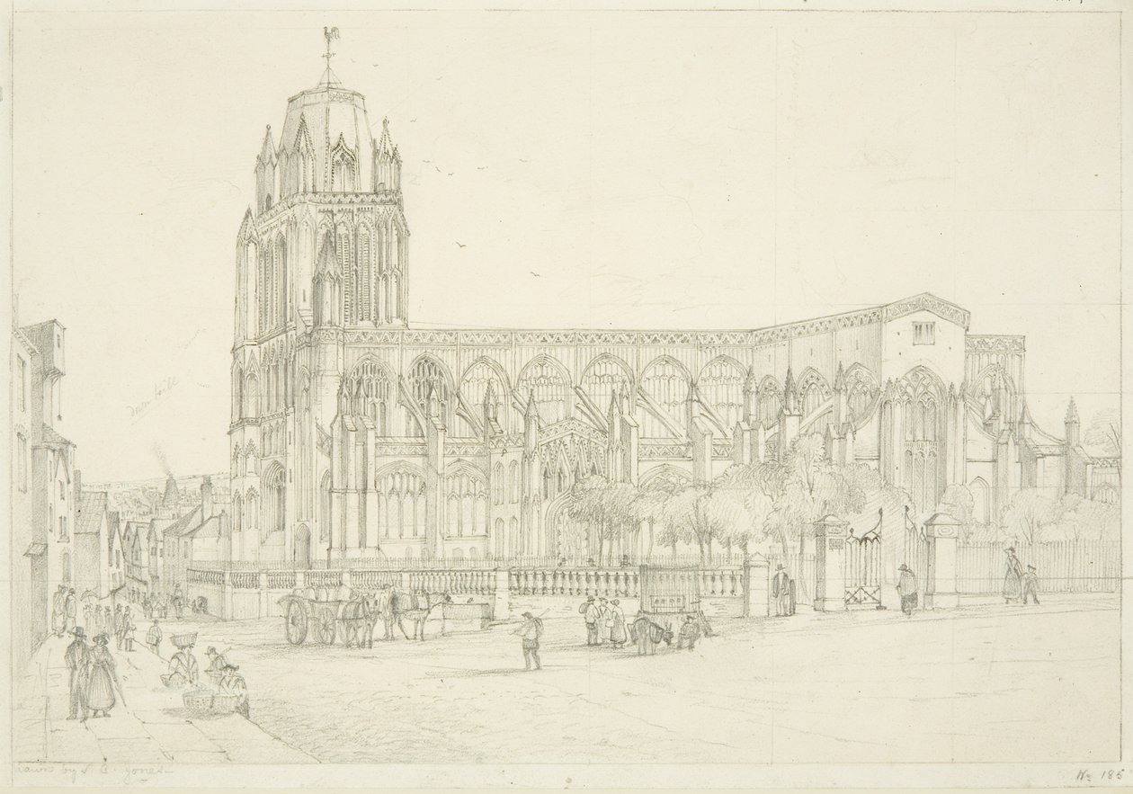 Sydlig udsigt over St Mary Redcliffe Church, ca. 1835 (blyant på papir) af Stephen C. Jones