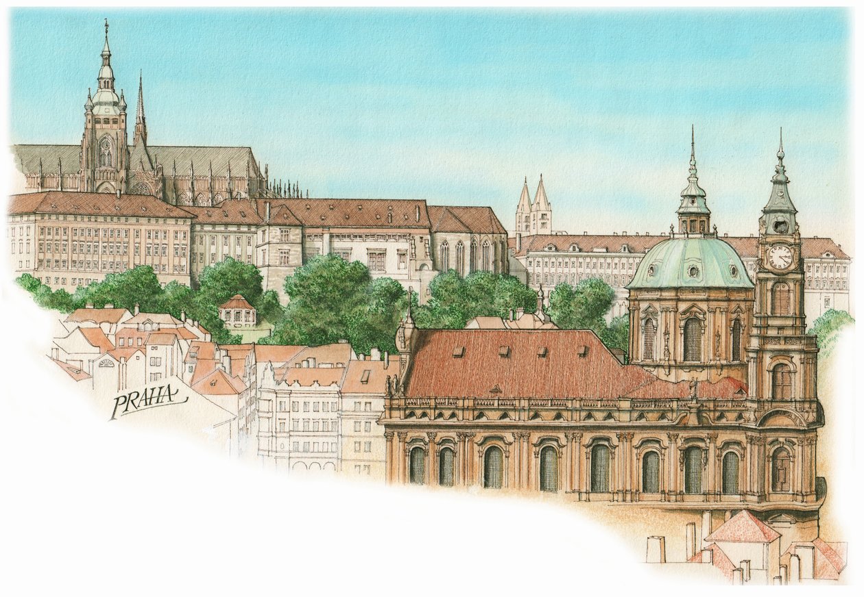 En udsigt over Prag, ca. 1900-2023 (blæk og akvarel) af Stephen Conlin