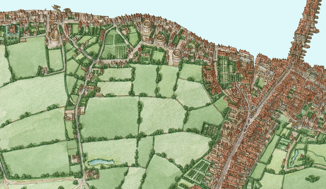 Bankside og Southwark, London, ca. 1600-25, 2021 (blæk og akvarel, digital) af Stephen Conlin