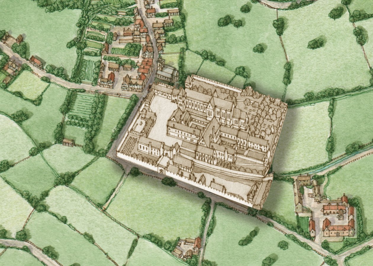Bermondsey, London, ca. 1600 med indsættelse af præreformatorisk kloster, 2021 (blæk og akvarel, digital) af Stephen Conlin