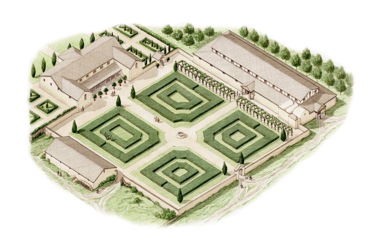 Brading Roman Villa, Isle of Wight (tegnet 2012), ca. 350-400 (blæk og akvarel) af Stephen Conlin