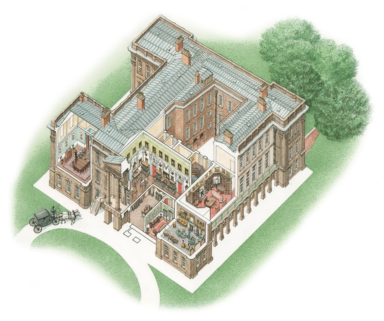 Calke Abbey, Derbyshire, ca. 1860-1914 (blæk og akvarel) af Stephen Conlin