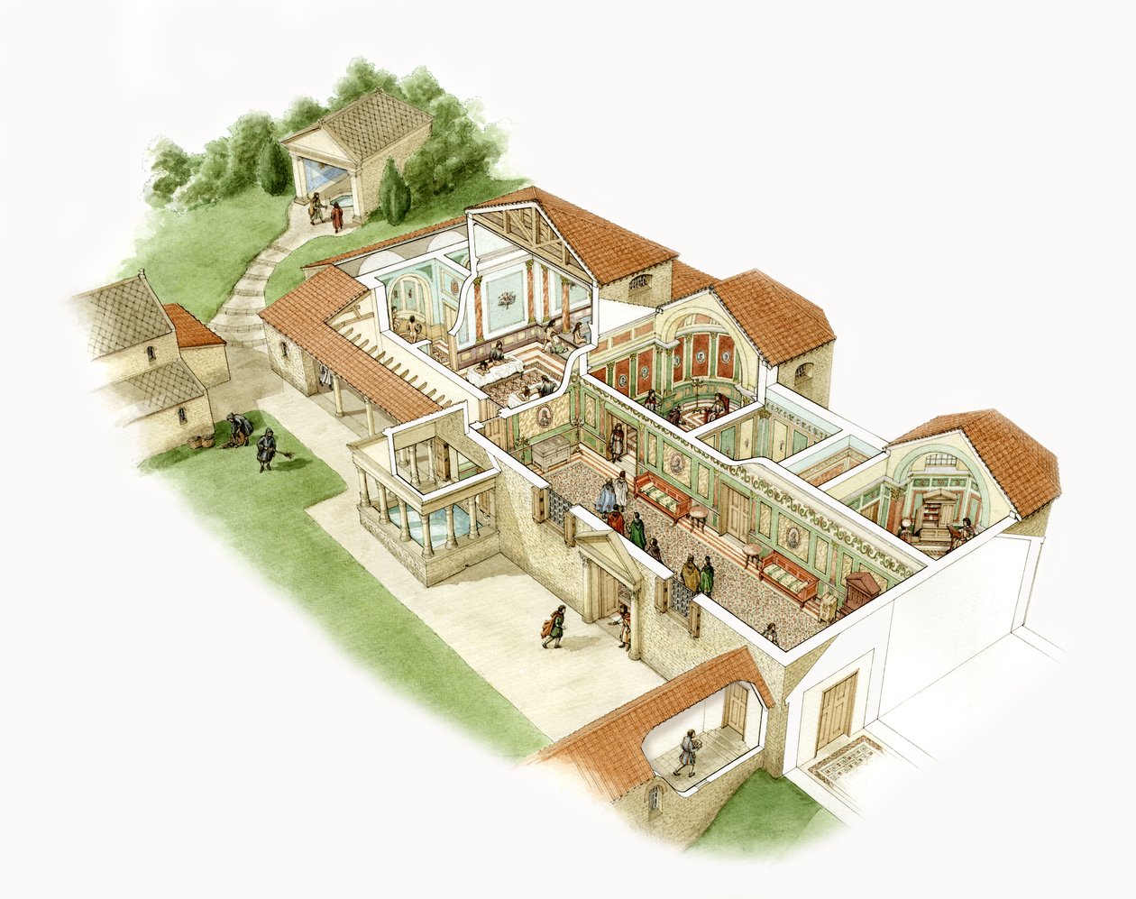 Chedworth Roman Villa, ca. 380-390 e.Kr. (blæk og akvarel på papir) af Stephen Conlin
