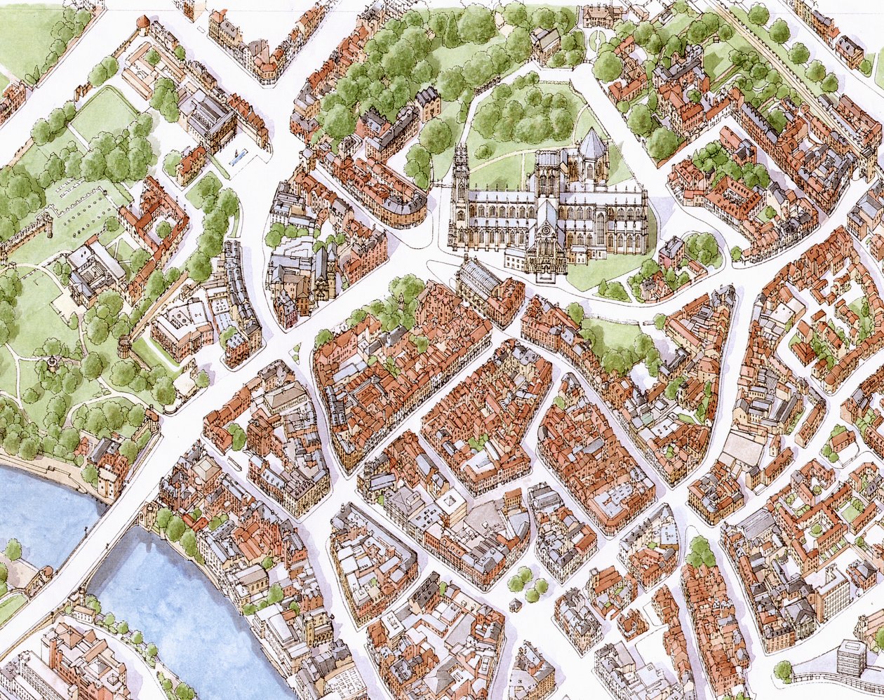Luftfoto af byen York (tegnet 1996) af Stephen Conlin