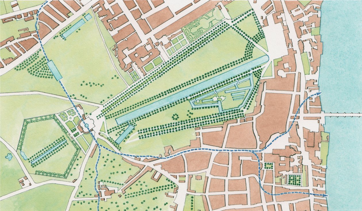 Tyburn-flodens løb, Westminster i 1747 (blæk og akvarel) af Stephen Conlin