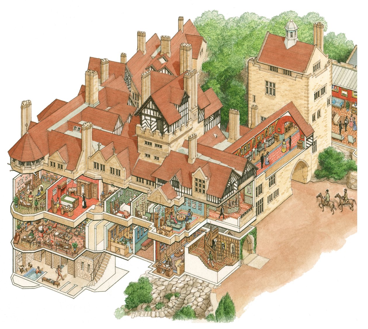Cragside House, Northumberland, ca. 1872-1900 (blæk og akvarel) af Stephen Conlin