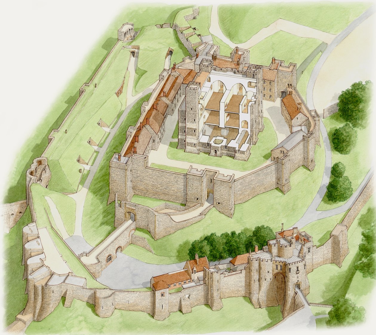 Dover Castle Today, ca. 1945-2023 (blæk og akvarel på papir) af Stephen Conlin