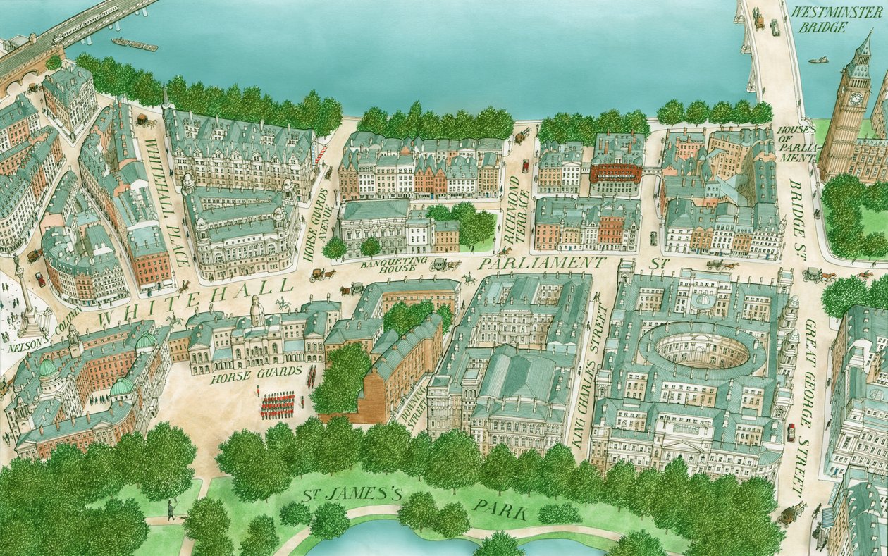 Edwardian Whitehall, London, ca. 1890-1905 (tegnet 1995) (blæk, airbrush og akvarel) af Stephen Conlin