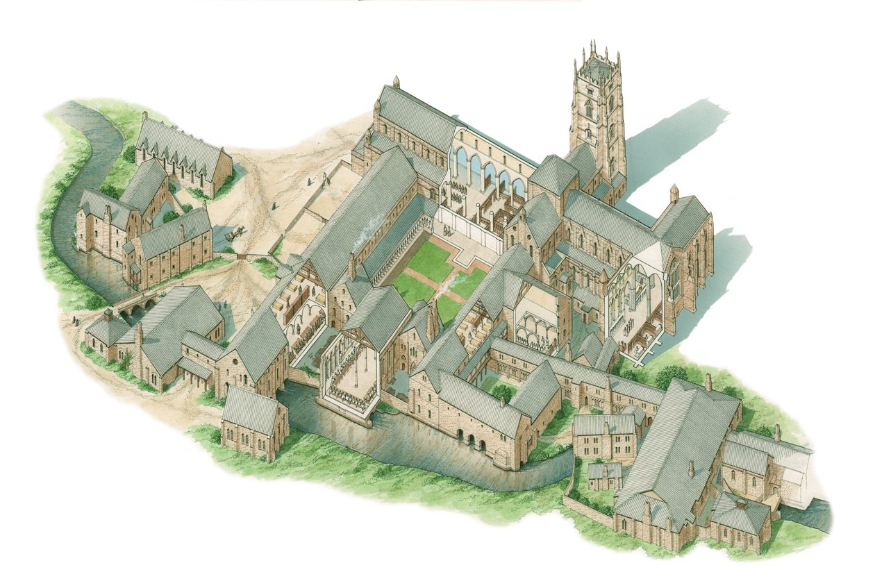 Fountains Abbey, Yorkshire, ca. 1520-1539 (blæk og akvarel) af Stephen Conlin