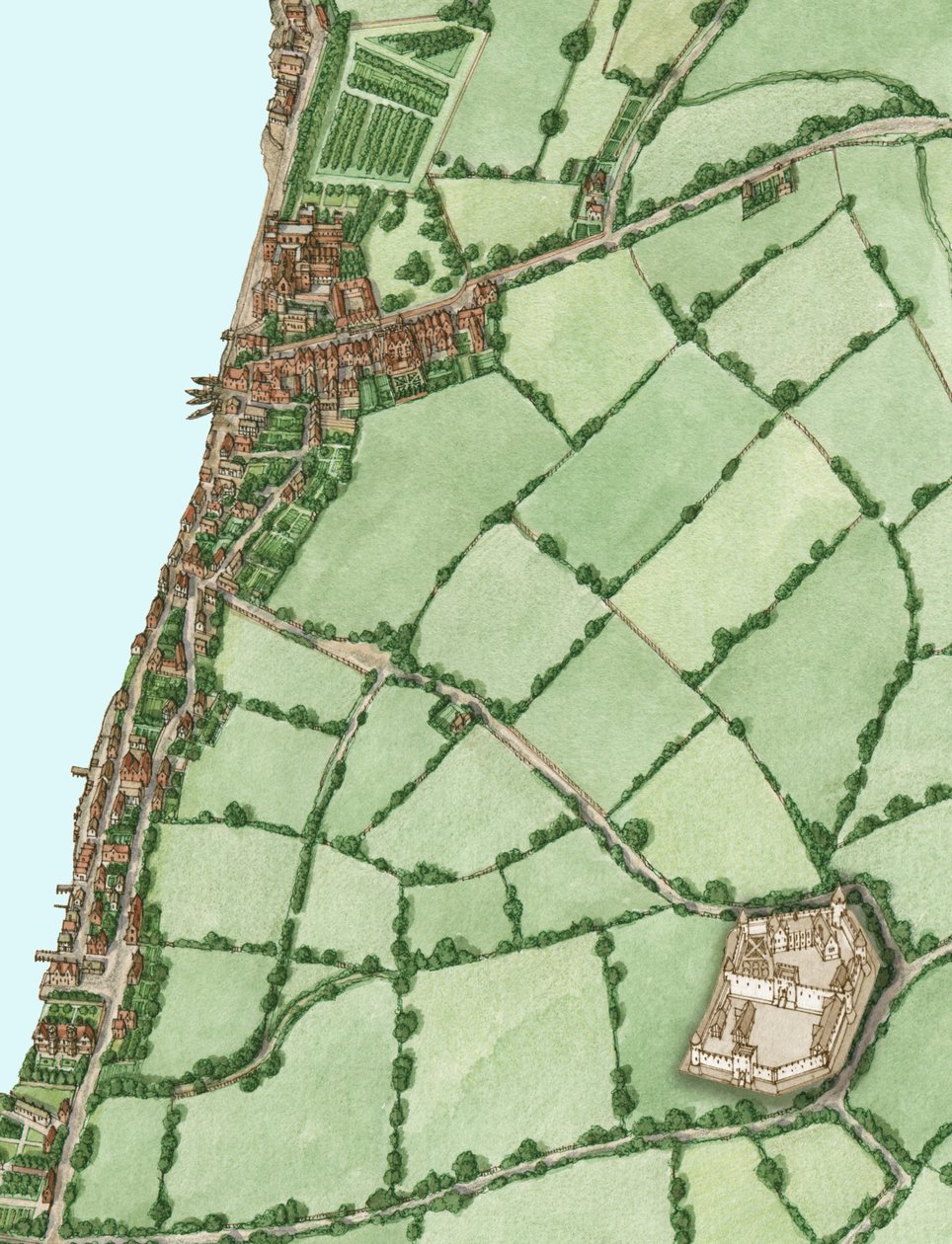 Lambeth og Vauxhall ca. 1600, med indlagt middelalderligt Kennington Castle, 2021 (blæk og akvarel, digital) af Stephen Conlin