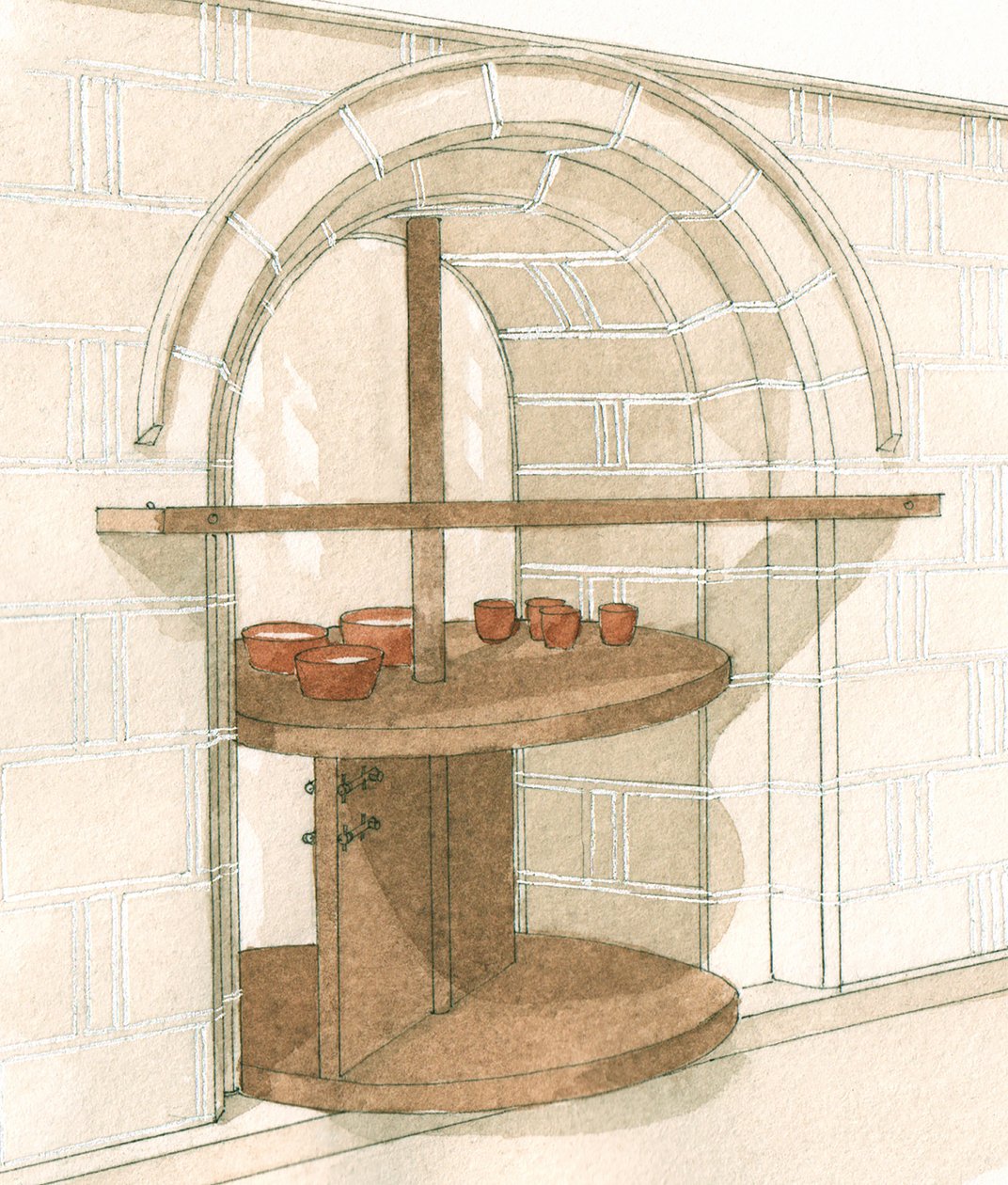 Medieval Servery, Fountains Abbey, Yorkshire, ca. 1200-1520 (tegnet 2001) (blæk, gouache og akvarel) af Stephen Conlin
