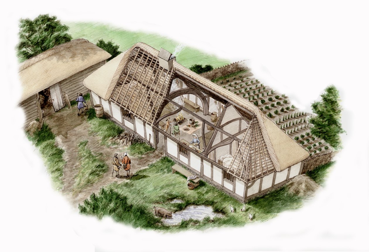 Mill House, Mapledurham, Oxfordshire (tegnet 2013), ca. 1335-1400 (blæk og akvarel) af Stephen Conlin