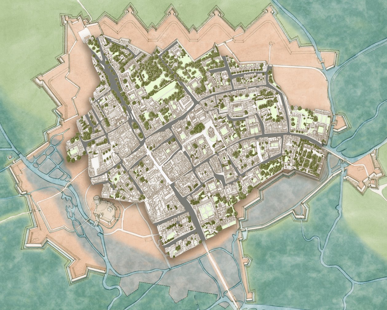 Moderne Oxford over borgerkrigens forsvarsværker, ca. 1644-1646 (blæk, akvarel, digital redigering) af Stephen Conlin