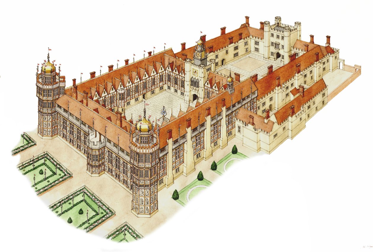 Nonsuch Palace, Surrey, ca. 1540-1600 (blæk og akvarel) af Stephen Conlin