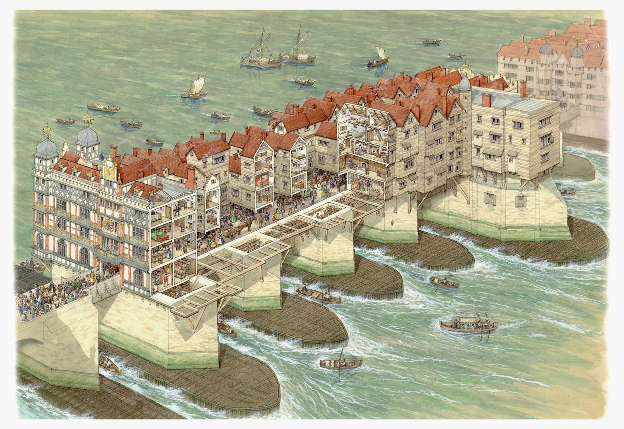 Old London Bridge (centrale del), ca. 1580-1600 (blæk og akvarel) af Stephen Conlin