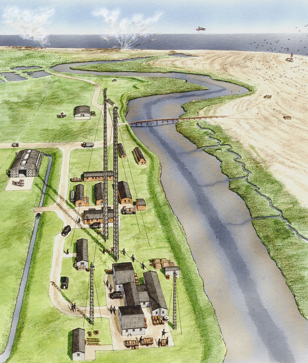 Orford Ness, Suffolk, ca. 1935-1945 (blæk, airbrush, akvarel) af Stephen Conlin