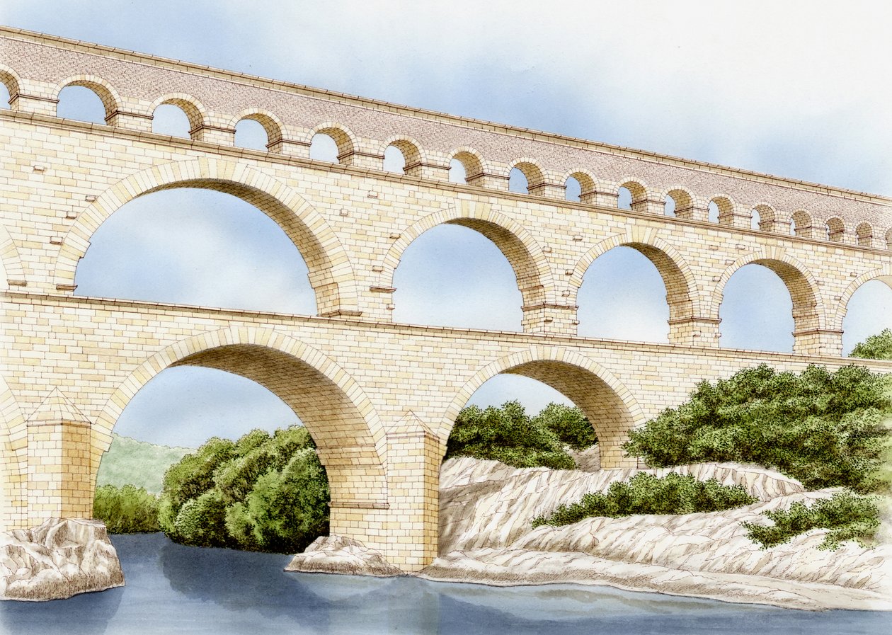 Pont de Gard i dag, Frankrig, ca. 1900-2023 (blæk og akvarel) af Stephen Conlin