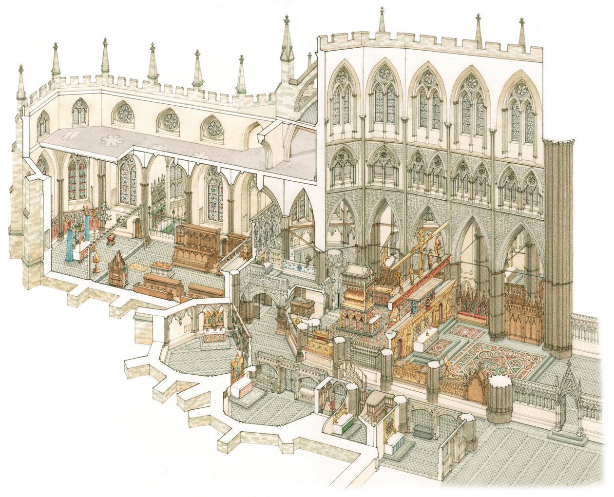 The East End of Westminster Abbey kort før reformationen, ca. 1500-1525 (blæk og akvarel) af Stephen Conlin