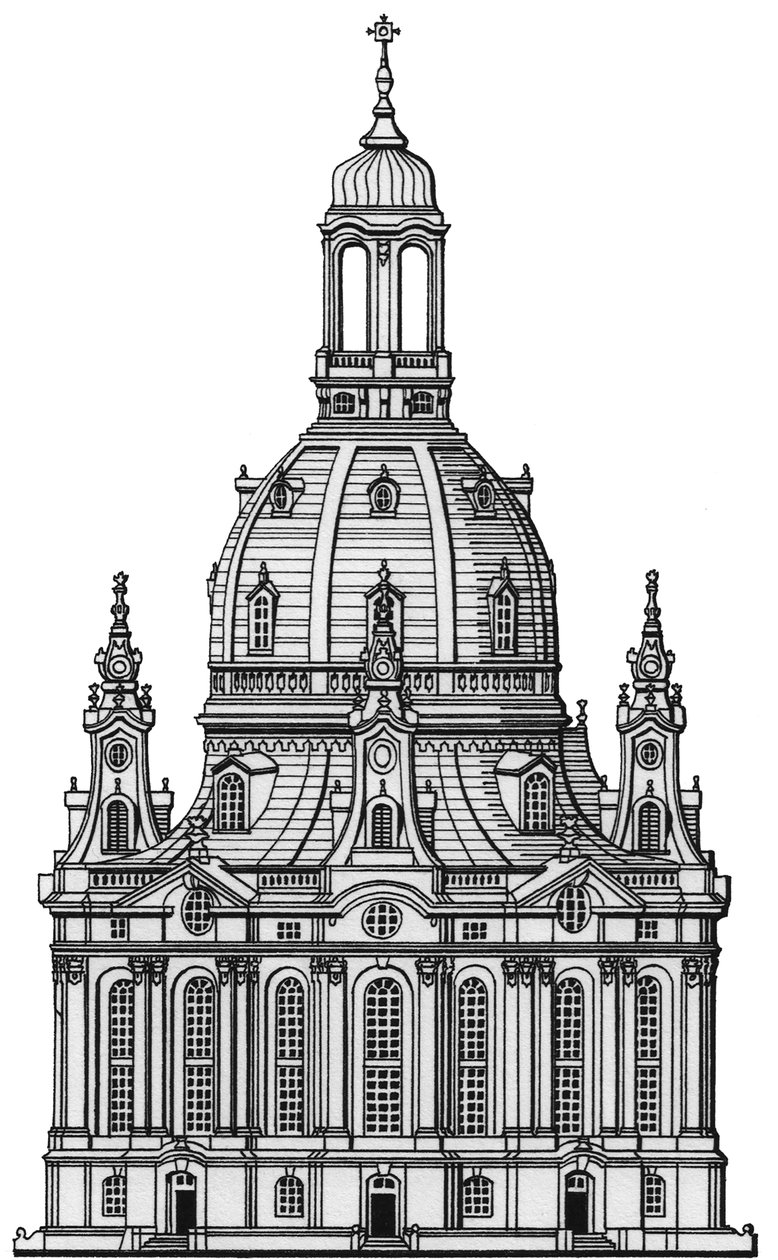 Frauenkirche, Dresden, ca. 1730-2023 (tegnet 1994) (blæk) af Stephen Conlin