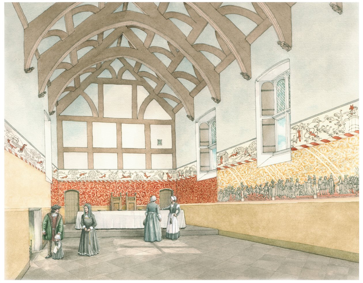 The Great Hall of Cothay Manor, Near Wellington,Somerset, 2016 (blæk og akvarel) af Stephen Conlin