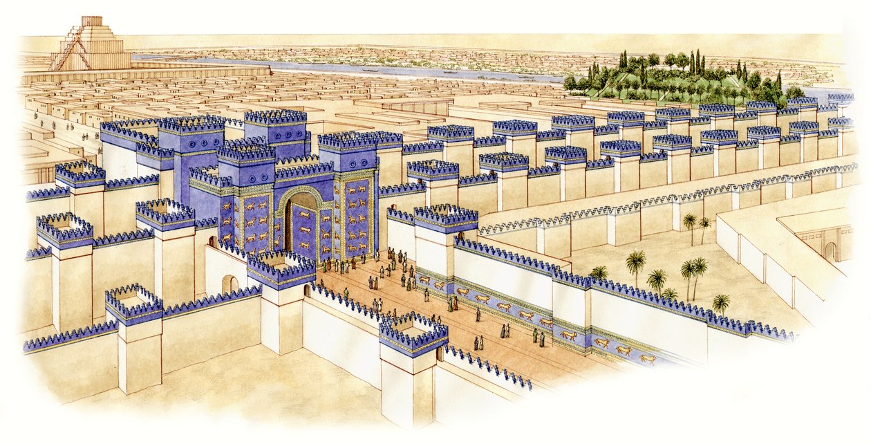 Ishtar-porten, Babylon, ca. -560--10 (blæk og akvarel) af Stephen Conlin
